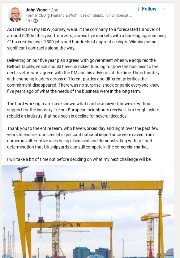 Harland & Wolff: Departing chief of Titanic shipbuilder issues parting shot as collapse averted