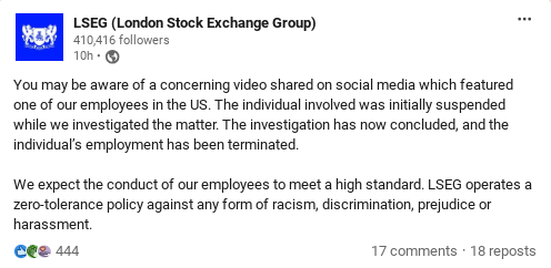 London Stock Exchange Group sacks US staff member over ‘racist’ video