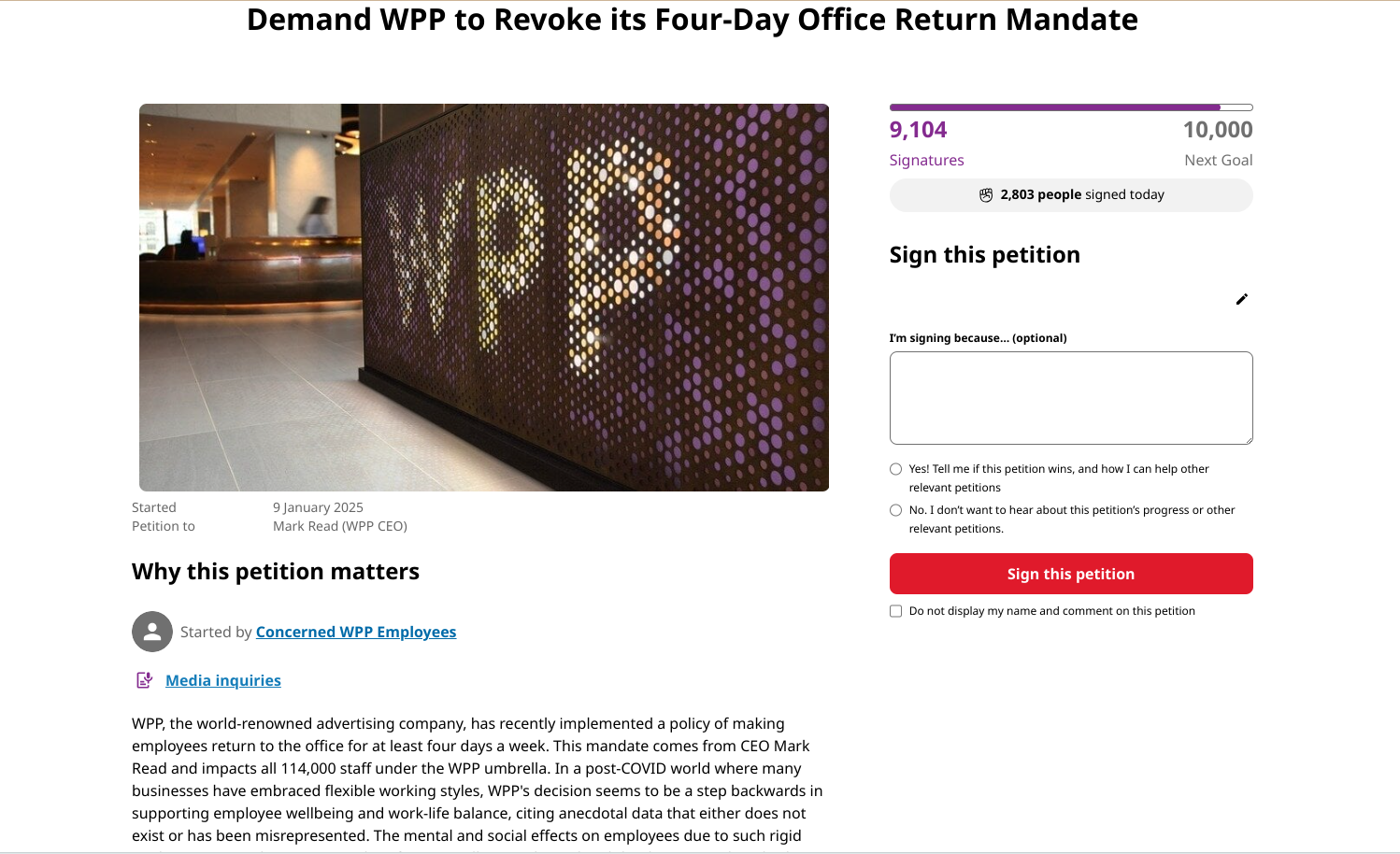 Petition against WPP four-day office policy nears 10,000 signatures